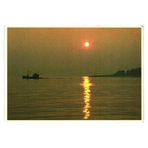 Vintage Coastal Photo Postcard Sunset Fishing Boat Maine Marjorie Nietz 1970s